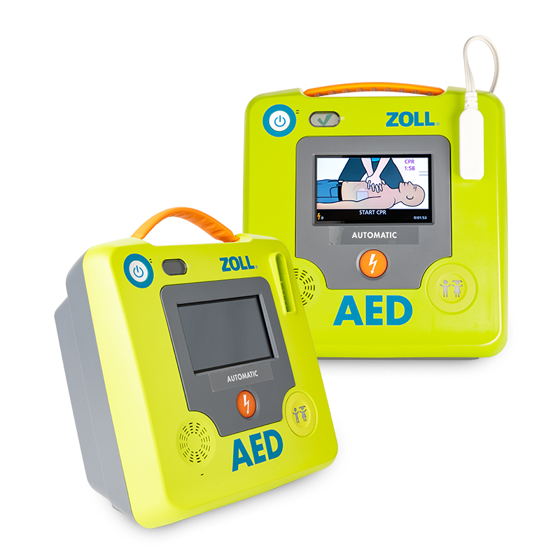 AED Zoll 3 Composite AED Zoll 3 product photo. Zoll AED is green with grey back and orange handle and button